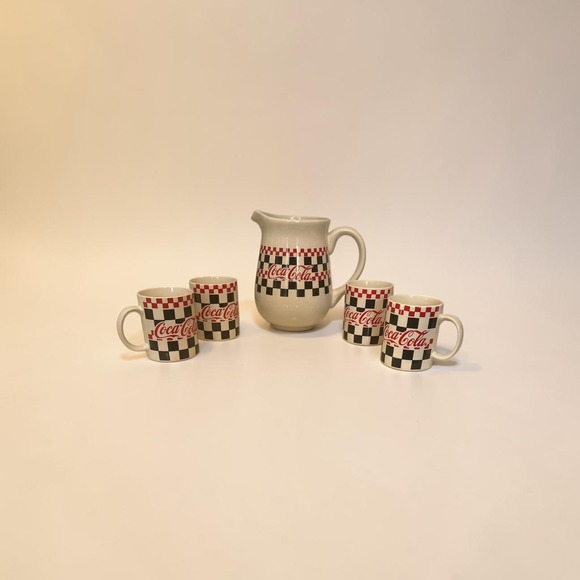 Gibson Other - Gibson Coca-Cola Checkered Pitcher and 4 Mug Set Red Black White Retro Diner